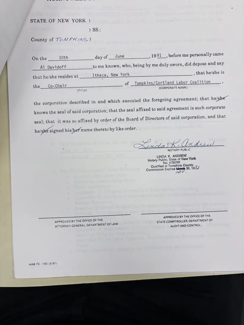 Photograph of a draft agreement: State health and safety training contract, July 1991 – June 1992, page 2.