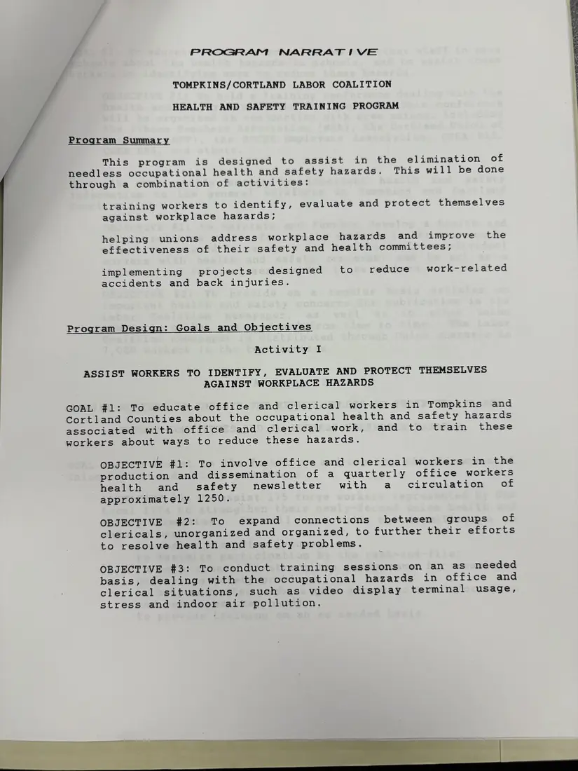 Photograph of a draft agreement: State health and safety training contract, July 1991 – June 1992, page 3.