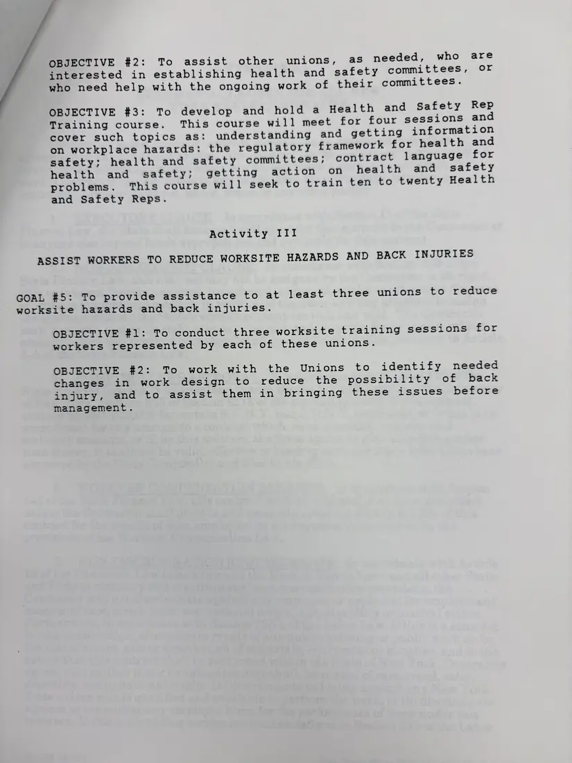 Photograph of a draft agreement: State health and safety training contract, July 1991 – June 1992, page 5.
