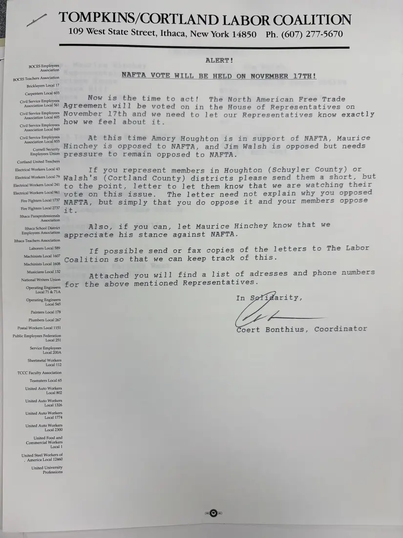 Photograph of a letter: NAFTA alert to member unions, with legislators list and phone-bank script, page 1.