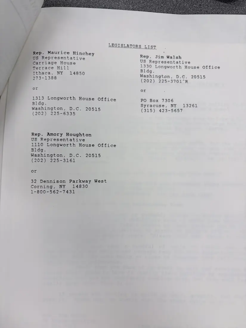 Photograph of a letter: NAFTA alert to member unions, with legislators list and phone-bank script, page 2.
