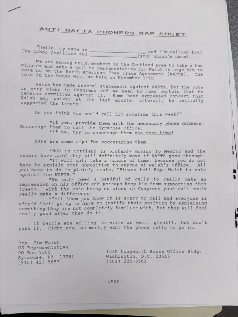 Photograph of a letter: NAFTA alert to member unions, with legislators list and phone-bank script, page 3.