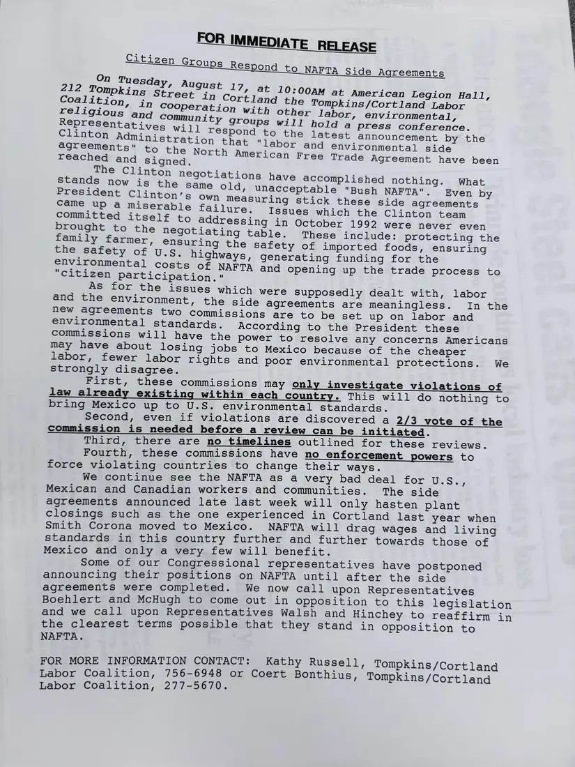 Photograph of a press release: Press release: citizen groups respond to the NAFTA side agreements, page 1.