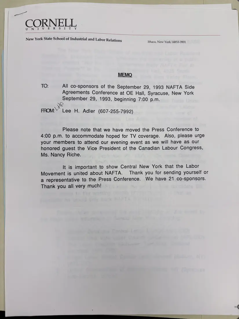 Photograph of a press release: NAFTA side agreements seminar in Syracuse, September 29, 1993, page 1.