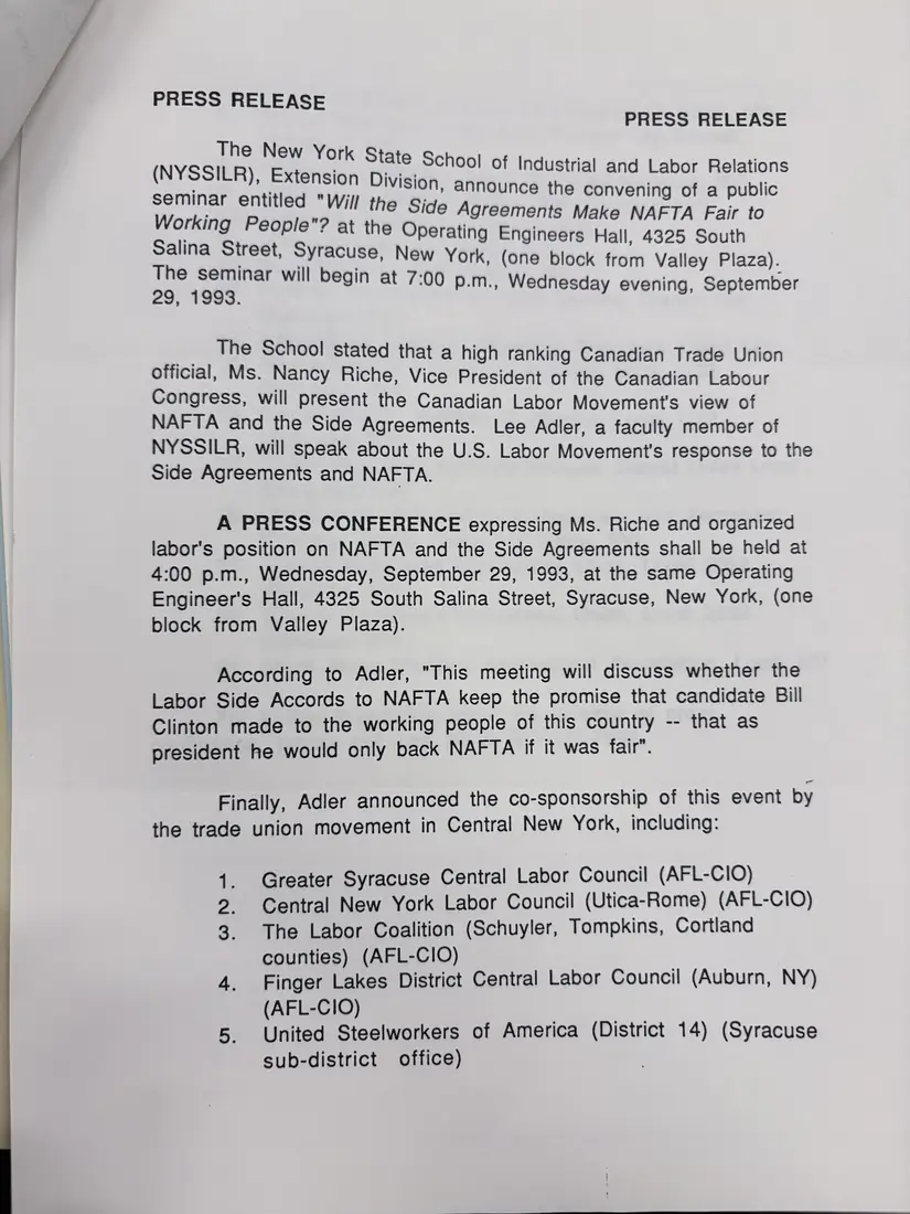 Photograph of a press release: NAFTA side agreements seminar in Syracuse, September 29, 1993, page 2.