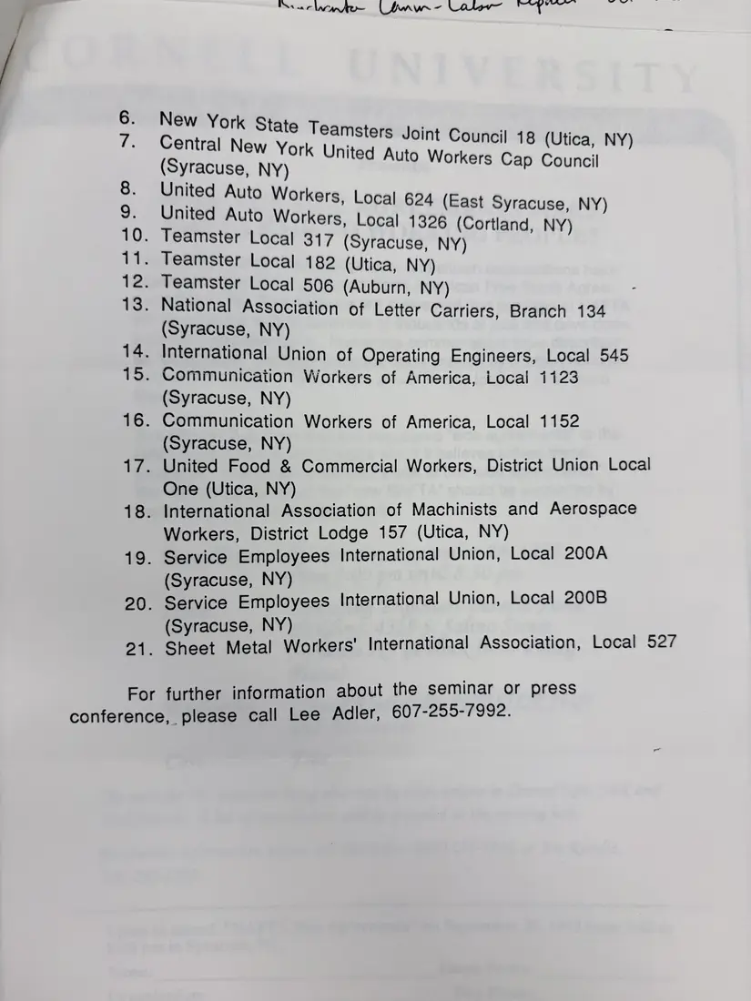Photograph of a press release: NAFTA side agreements seminar in Syracuse, September 29, 1993, page 3.