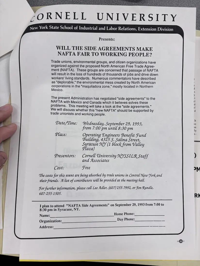Photograph of a press release: NAFTA side agreements seminar in Syracuse, September 29, 1993, page 4.