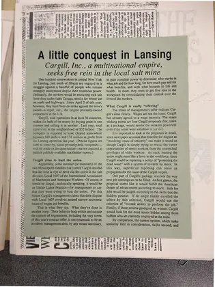Front page of a 1986 strike-support pamphlet titled A little conquest in Lansing