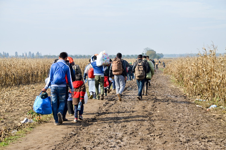 Families walking through a harvested field, the official image for Cornell's Migration in Contentious Political Times conference