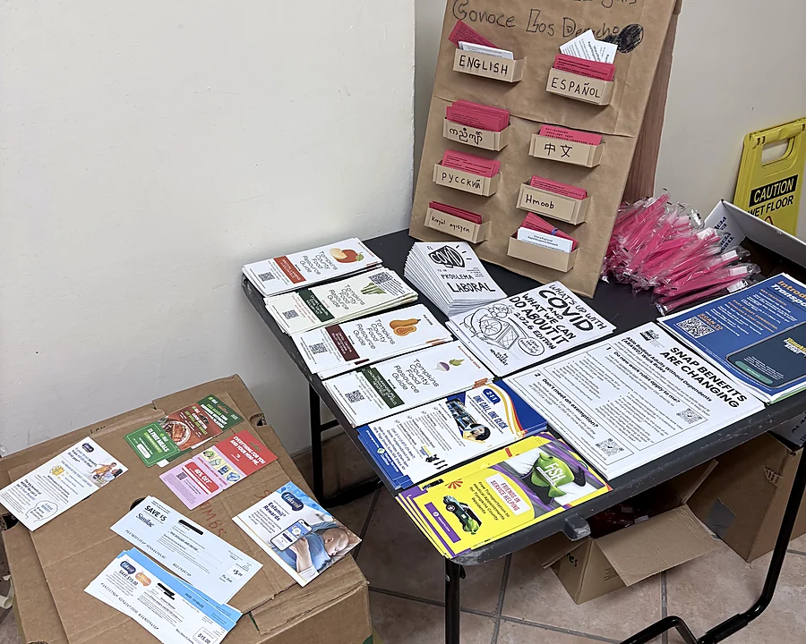 Multilingual know-your-rights and community resource materials arranged for distribution