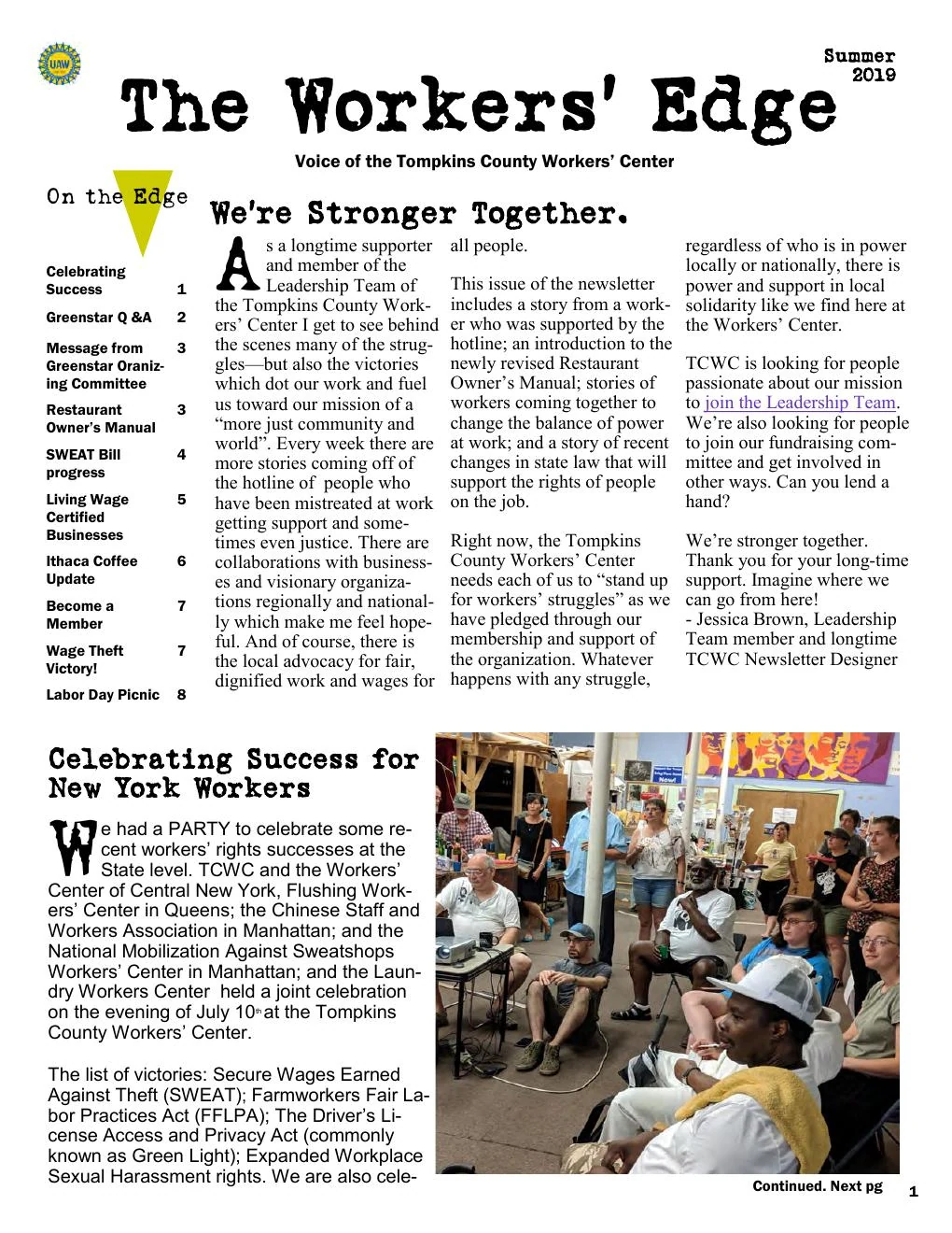 Summer 2019 cover of The Workers' Edge from the Tompkins County Workers' Center