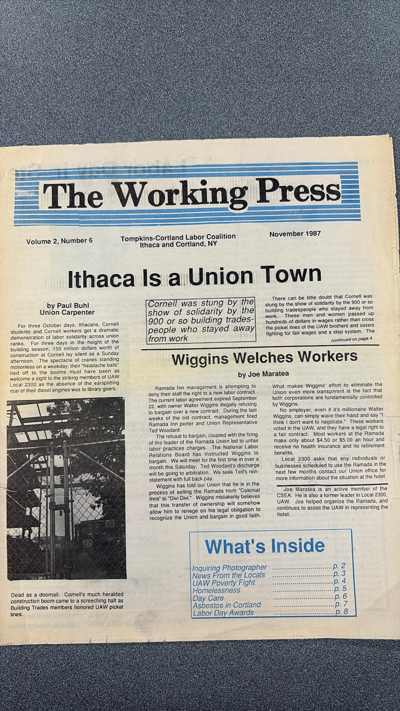 November 1987 cover of The Working Press with the headline Ithaca Is a Union Town