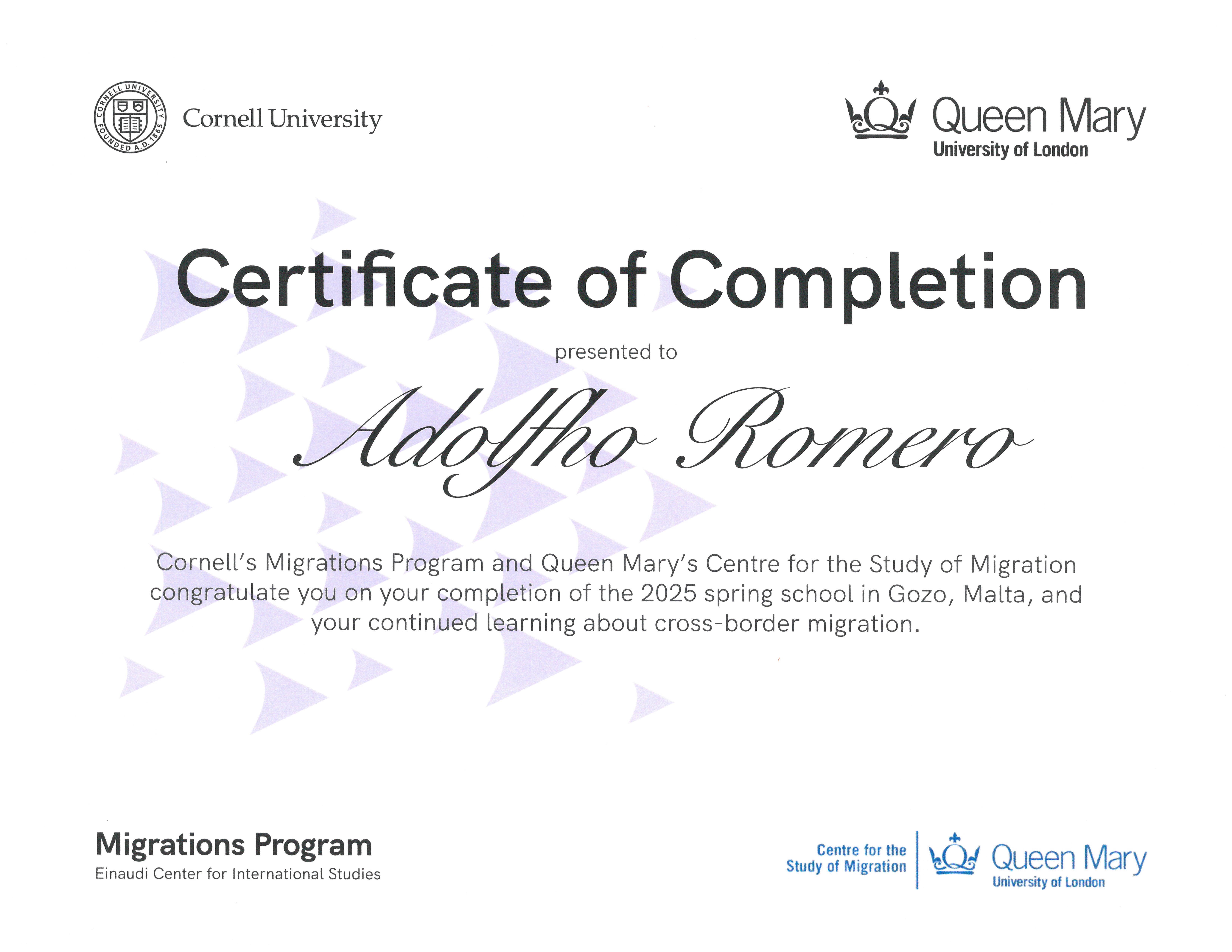 Migration Spring School certificate. Cornell and Queen Mary. Malta 2025.