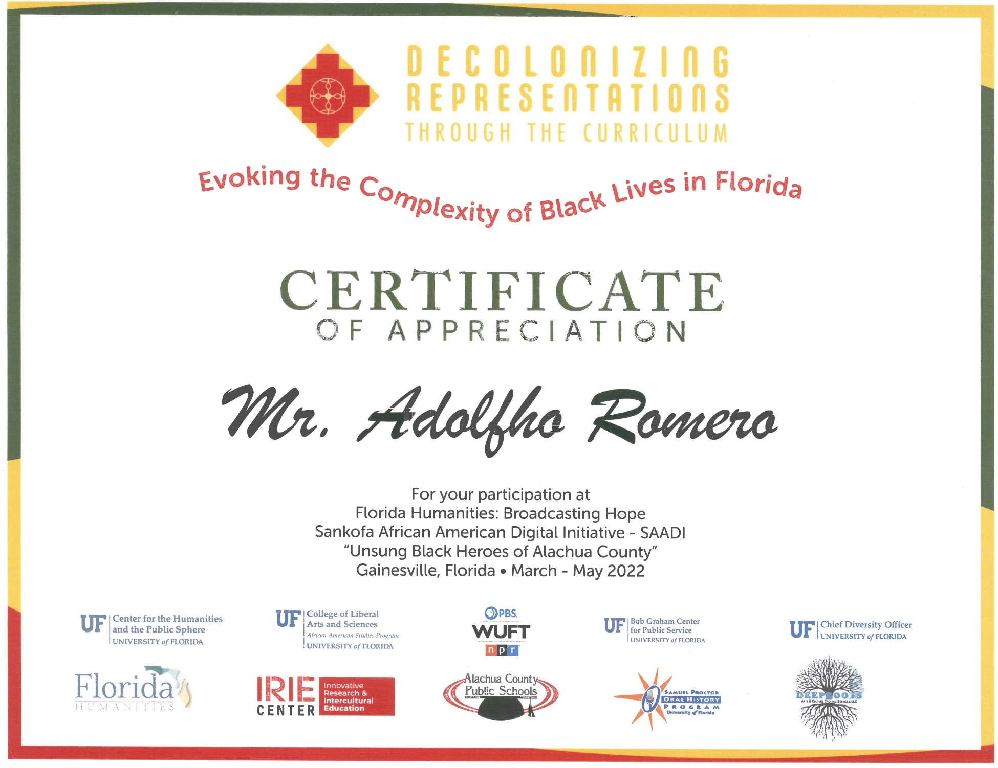 Decolonizing Representations certificate. Florida 2022.